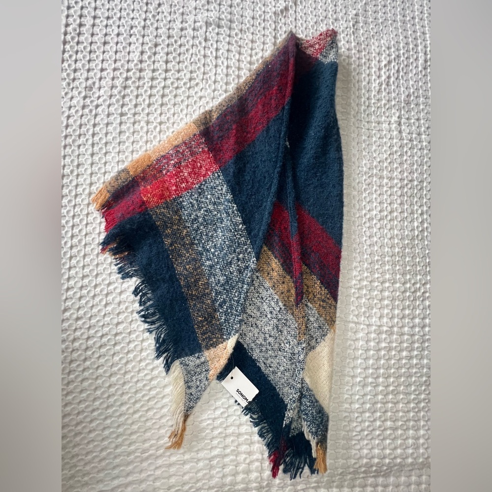 Cozy Woman’s Plaid Triangle Scarf in Navy, Red, Tan & Cream